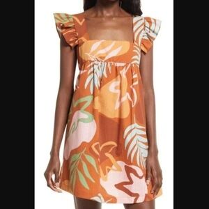 Open Edit Burnt Orange Multicolor Tropical Vacation Dress Medium seersucker